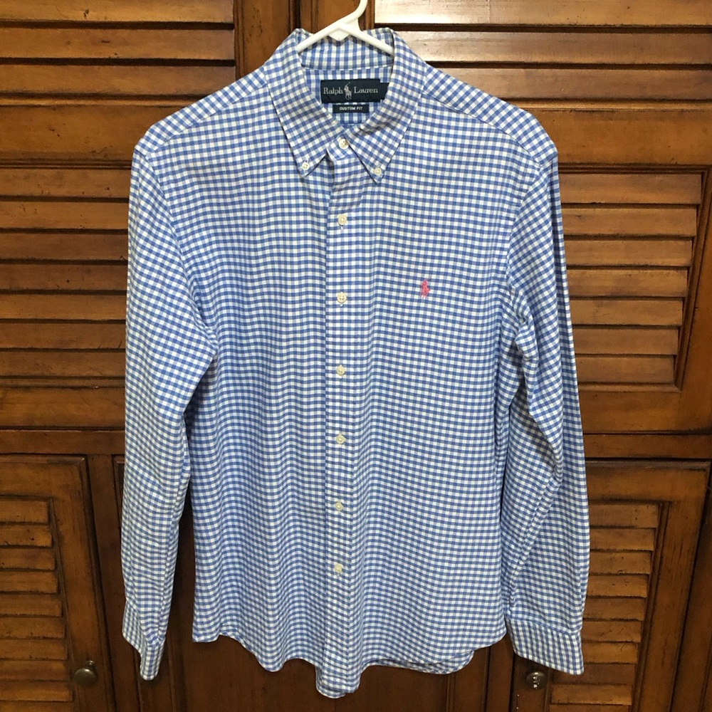 Ralph Lauren Blue & White Checked Print Long Sleeved Shirt - Size Medium 🌀